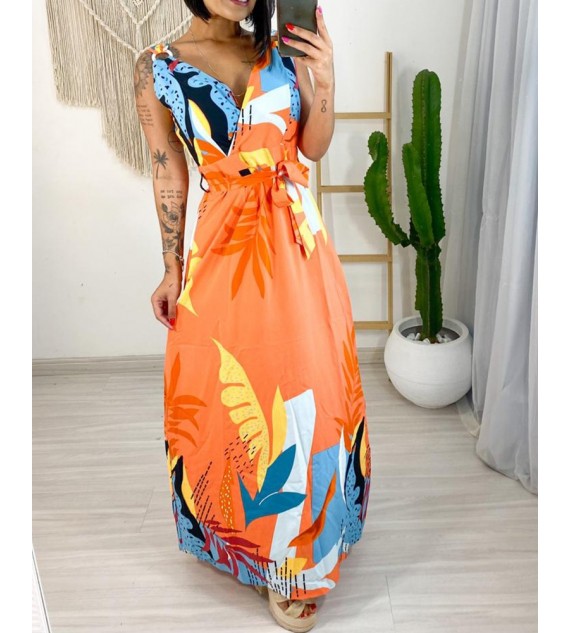 Tropical Print O-Ring Decor Wrap Maxi Dress