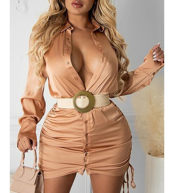 Drawstring Ruched Buttoned Shirt Dress With Belt