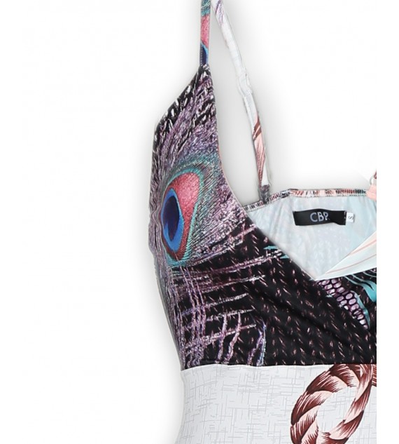 Peacock Feather Print Cutout Back Thigh Slit Maxi Dress