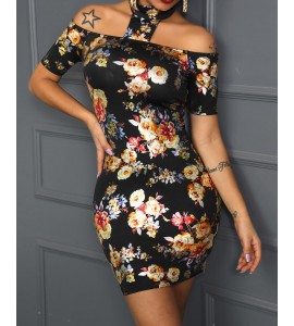 Floral Print Cold Shoulder Bodycon Dress