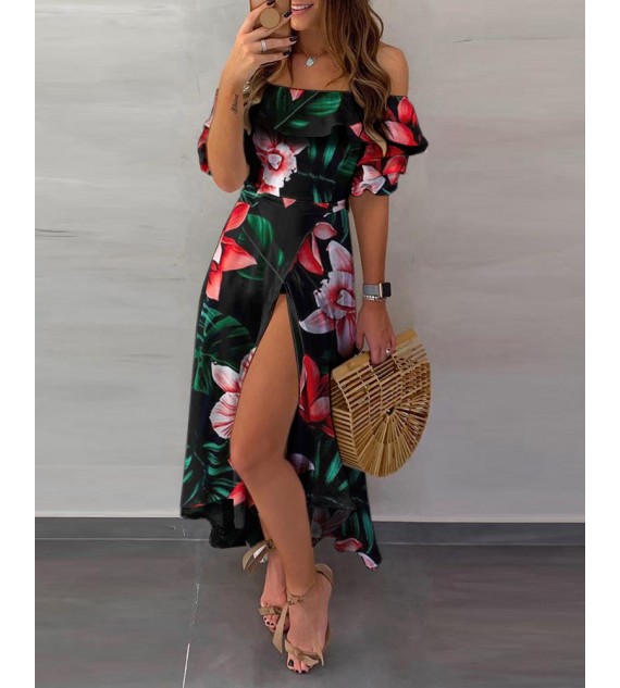 Off Shoulder Floral Print Top & Slit Skirt Sets