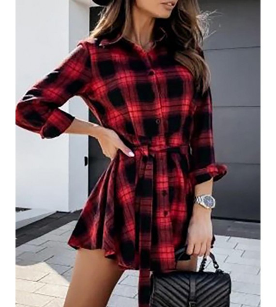 Plaid Color Long Sleeve Women Shirt Dress