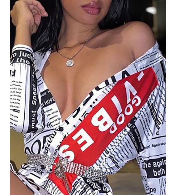 Newspaper Print Long Sleeve Shirt Dress Without Belt