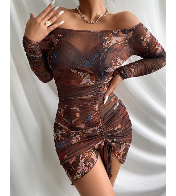 Floral Print See Through Drawstring Ruched Bodycon Dress