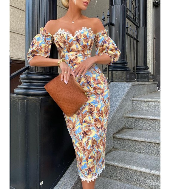 Floral Print Lace Trim Puff Sleeve Dress