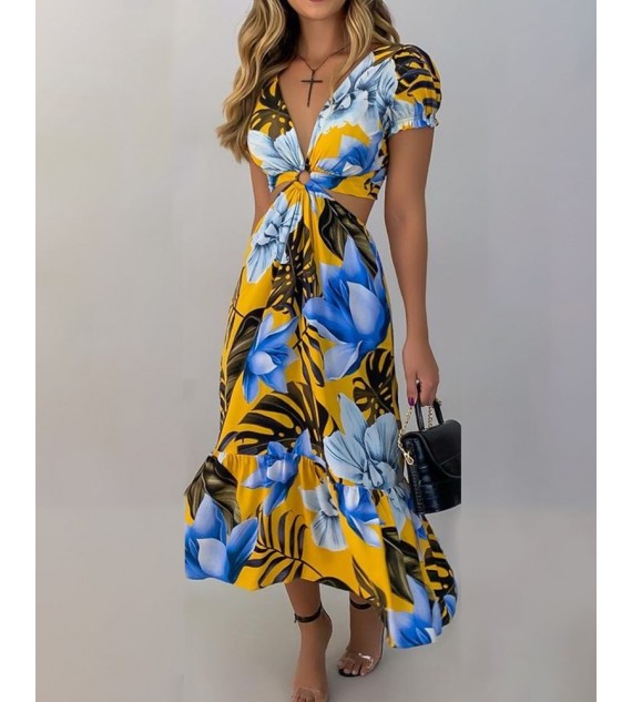 Floral Print Short Sleeve Loose Midi Dress