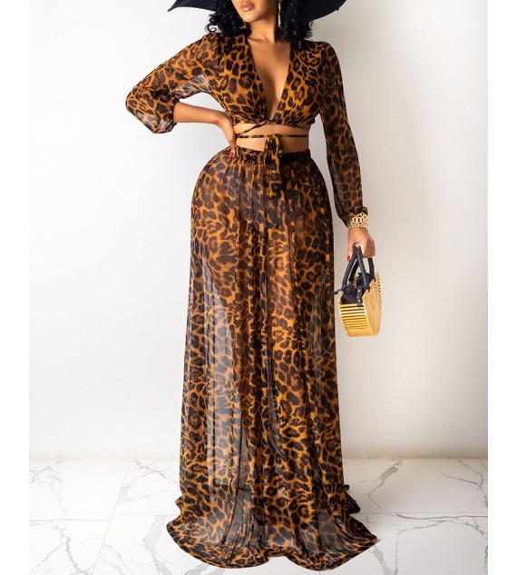 Leopard Print Tied Detail Top & Ruched Skirt Set