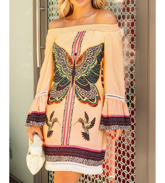 Butterfly Off Shoulder Fringe Hem Casual Dress