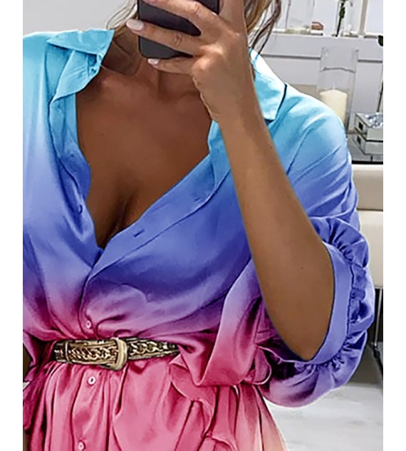 Half Sleeve Color Buttoned Shirt Dress