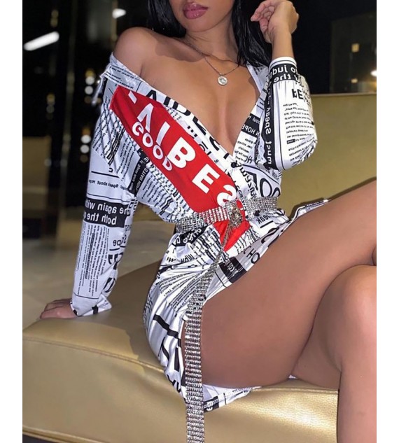 Newspaper Print Long Sleeve Shirt Dress Without Belt