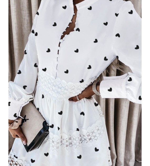 Lace Patch Heart Print Lantern Sleeve Shirt Dress