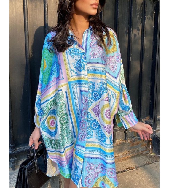 Scarf Print Long Sleeve Buttoned Shirt Dress