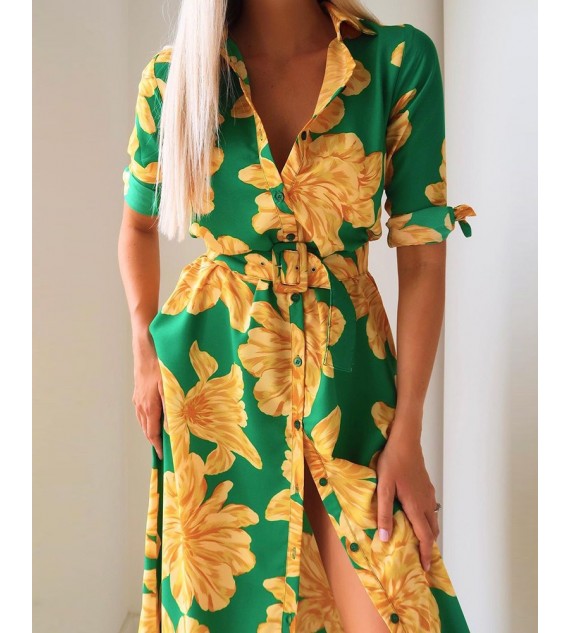Floral Print Button Design Shirt Dress With Belt