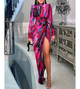 Abstract Print Padded Shoulder High Slit Ruched Party Dress