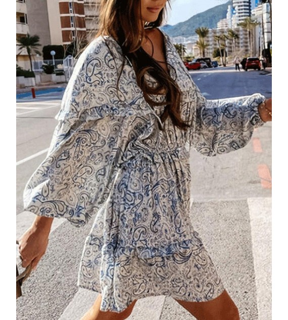 Paisley Print Long Sleeve Frill Hem Ruched Dress