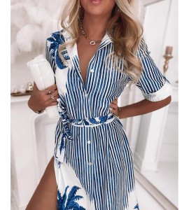Striped Tropical Print High Slit Shirt Dress Half Sleeve Casual Shirt Dress With Belt