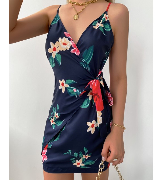 Floral Print V-Neck Wrap Tie Side Cami Dress