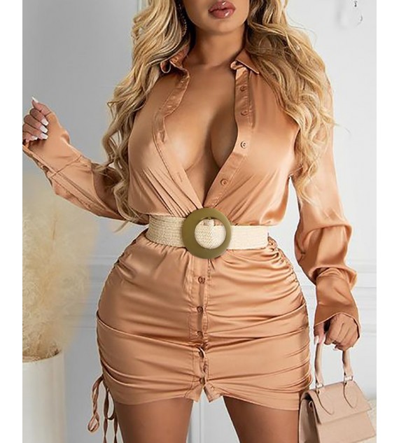 Drawstring Ruched Buttoned Shirt Dress With Belt