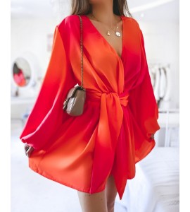 Ombre V-Neck Lantern Sleeve Belted Casual Dress