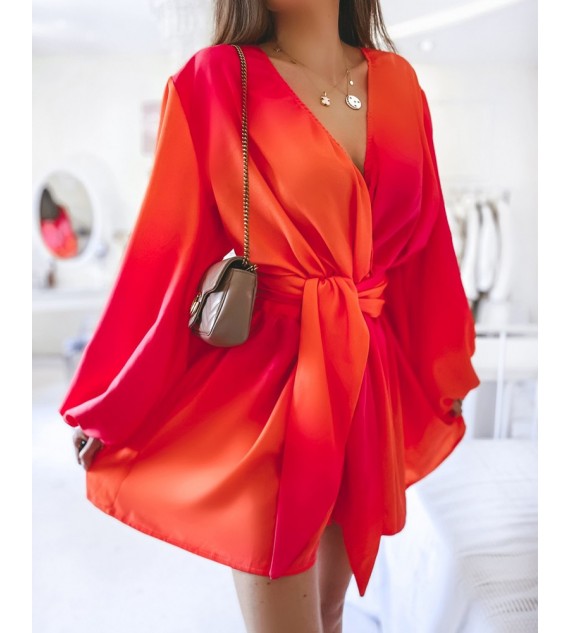 Ombre V-Neck Lantern Sleeve Belted Casual Dress
