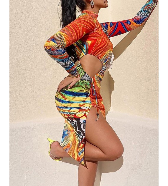 Abstract Print Cut-Out Split Thigh Long Sleeve Midi Dress