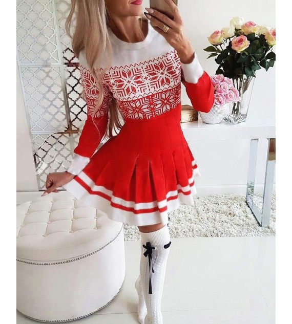 Christmas Snowflake Print Long Sleeve Pleated Dress