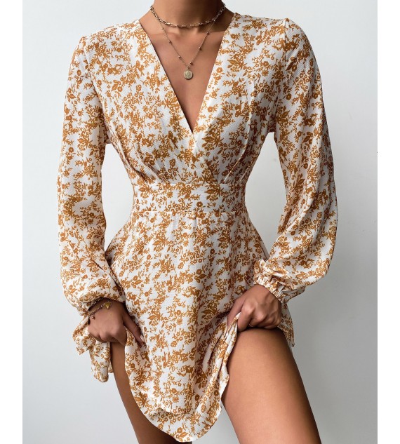 V-neck Floral Print Long Sleeve Dress