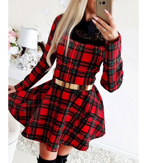 Eyelash Lace Plaid Long Sleeve Women Dress