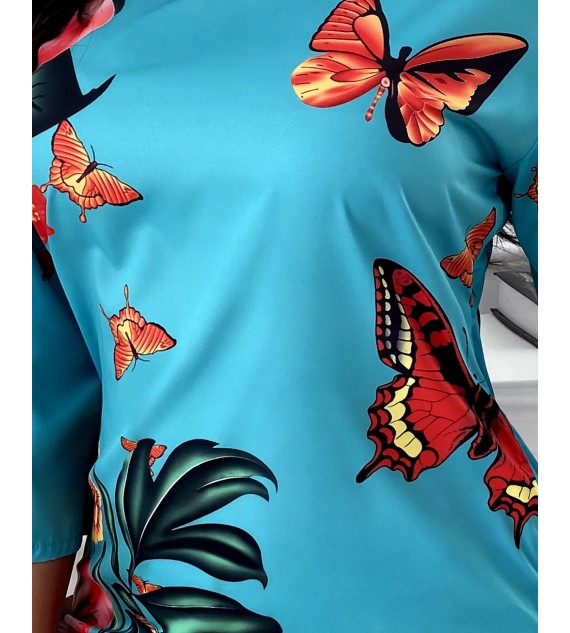 Half Sleeve Butterfly Floral Print Dress