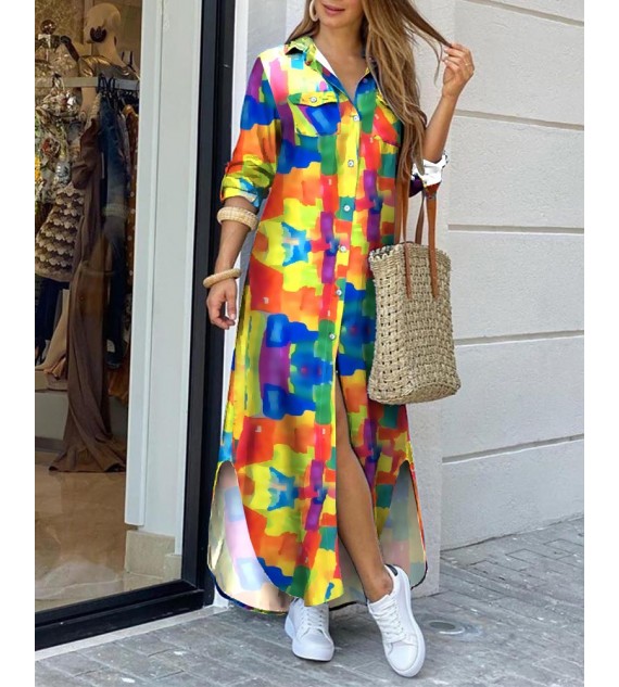 Color Pocket Design Slit Shirt Dress
