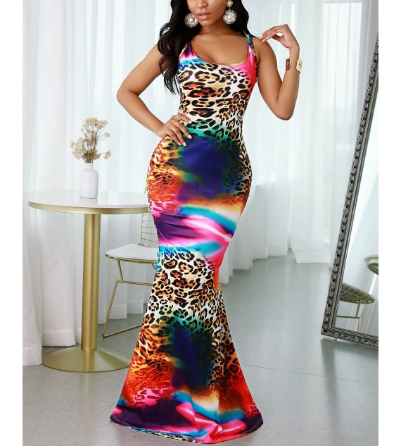 Cheetah Tie Dye Print Mermaid Sleeveless Maxi Women Dress