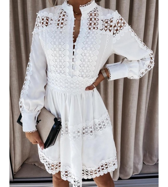 Hollow Out Plain Long Sleeve Shirt Dress