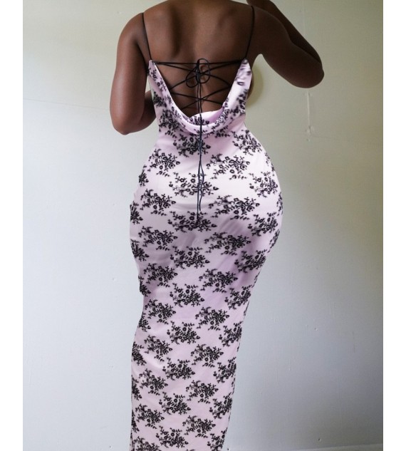 Floral Print Lace Up Square Neck Maxi Dress