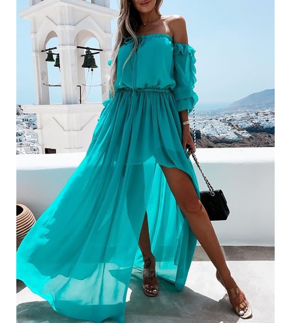 Off Shoulder Ruffle Hem High Slit Maxi Dress