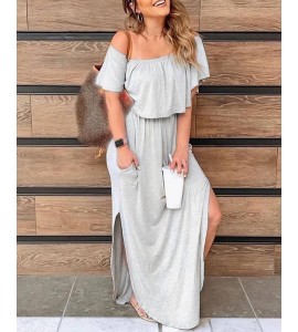 Solid Off Shoulder Ruffles Silit Casual Dress