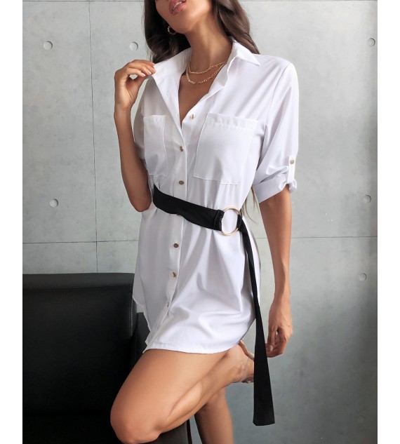 Button Front Half Sleeve Shirt Dress With Belt