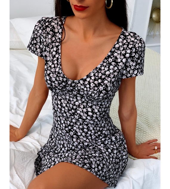 Floral Print Casual Beach Dress Sexy V-Neck Wrap Bodycon Mini Dress Ruffles