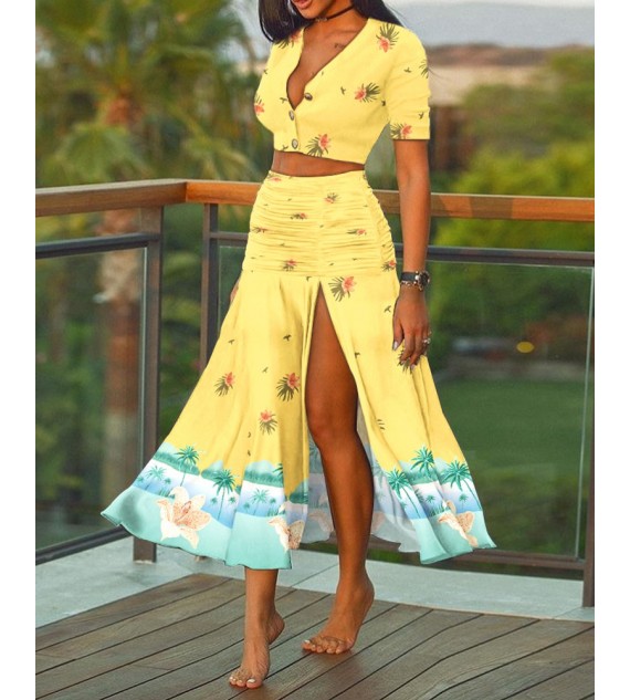 Floral Print Crop Top & Ruched Slit Skirt Sets
