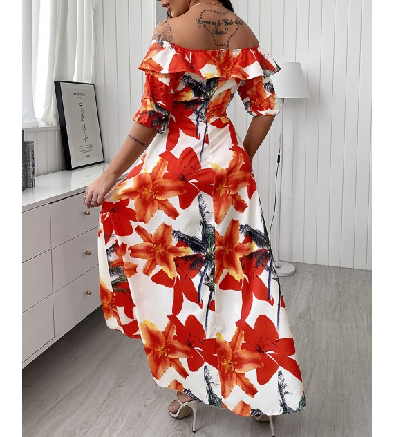 Off Shoulder Tropical Print Scallop Trim High Slit Dress