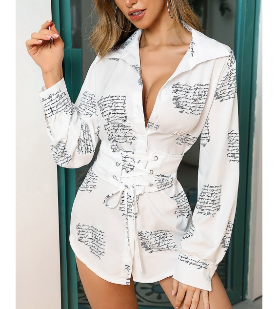 Letter Print Eyelet Lace-Up Women Shirt Dress