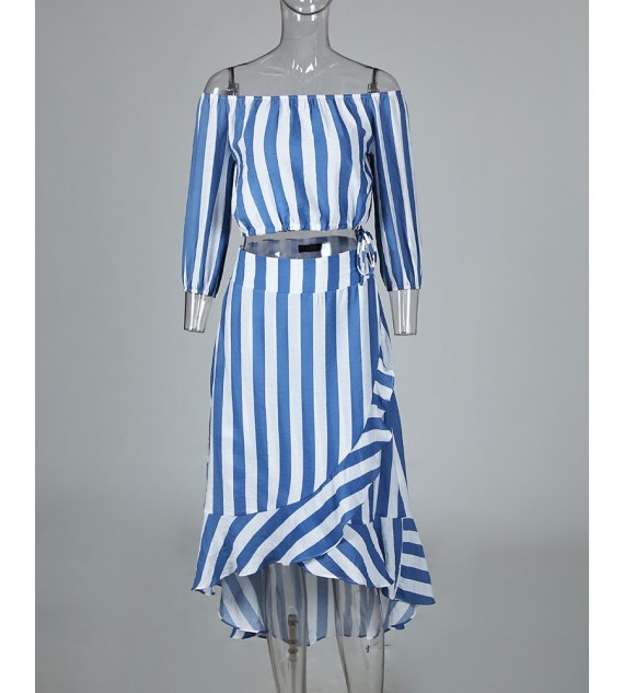 Striped Off Shoulder Top & Ruffles Skirt Sets