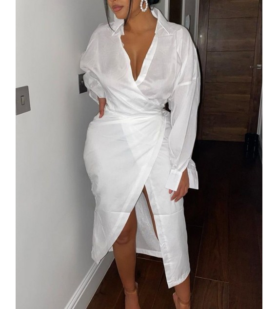 Solid Drop Shoulder Wrap Tie Slit Shirt Dress
