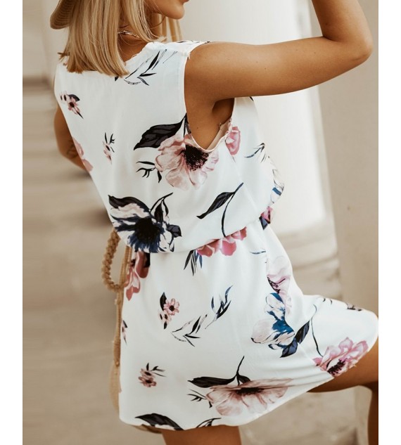 Floral Print Sleeveless Zipper Design Dress Casual Mini Dress With Belt