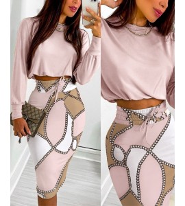 Long Sleeve Top & Chain Print Color Drawstring Shirred Skirt Set