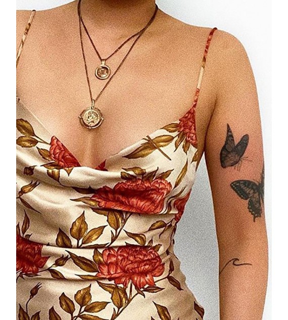 Cowl Neck Floral Leaf Print Satin Dress
