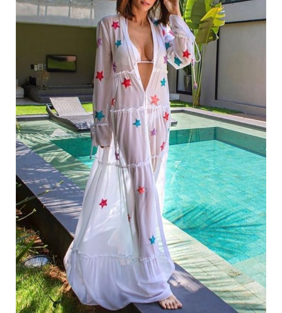 Star Print Mesh Frill Hem Cover Up Dress