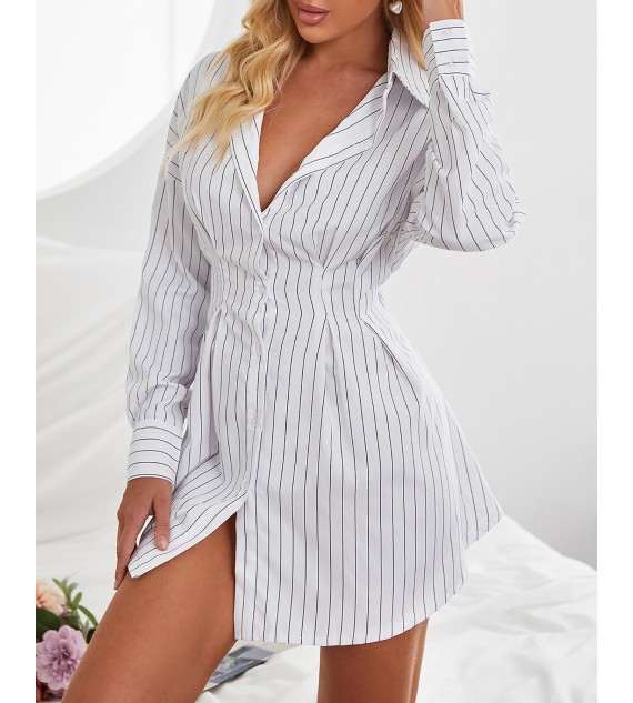 Striped Print Long Sleeve Shirt Dress