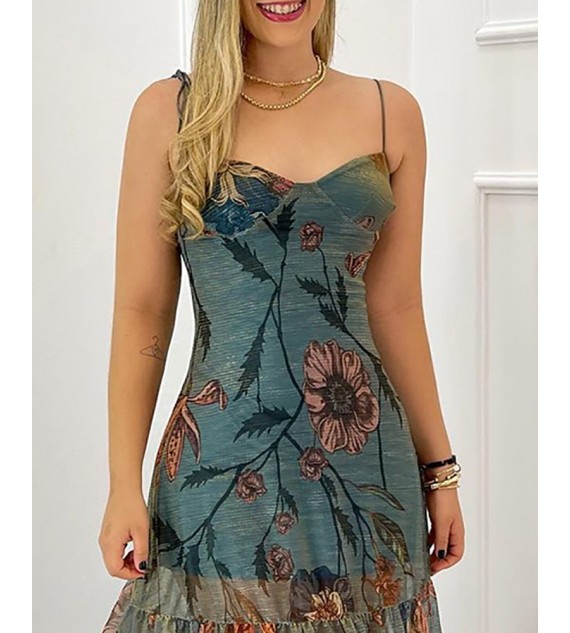 Floral Print Mesh Tied Detail Maxi Dress