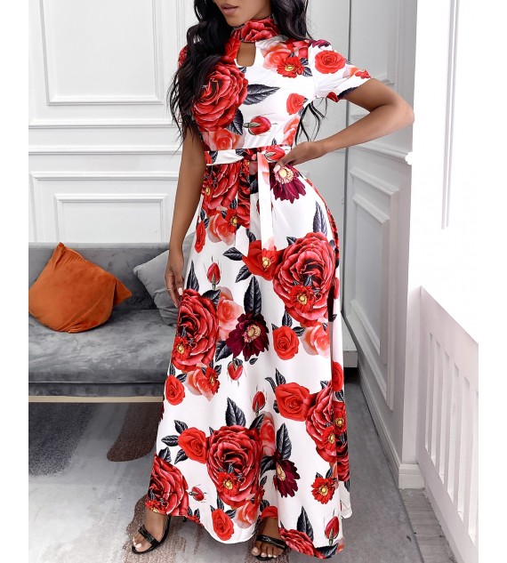 Floral Print Cutout Front Maxi Women Dress