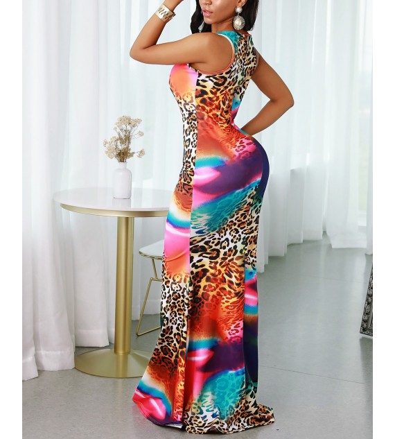 Cheetah Tie Dye Print Mermaid Sleeveless Maxi Women Dress